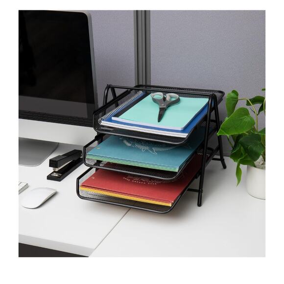 3-Tier Paper Tray Organizer File Storage Metal Mesh 11.75"L x 13.75"W x 10"H - Picture 2 of 3
